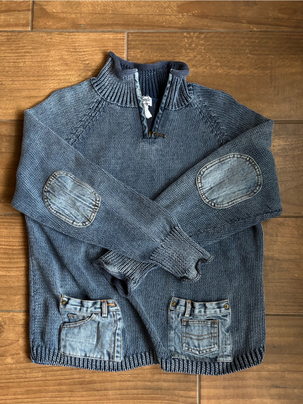 Vintage PBJ Blues XL Denim Pocket Quarter Zip Knit Sweater Blue Elbow Patch Y2K